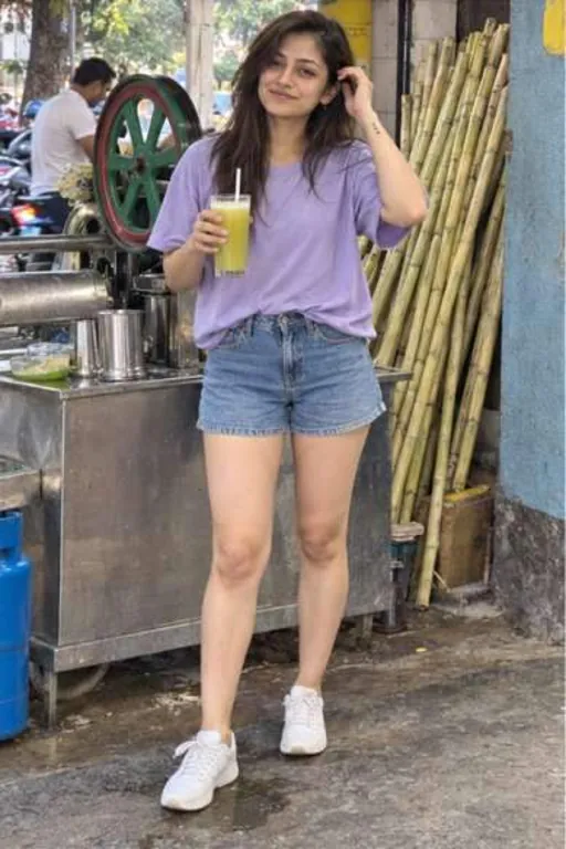 Anika, 25, call girl in Andheri, Mumbai: at a sugarcane juice stall in a lilac tee and denim shorts