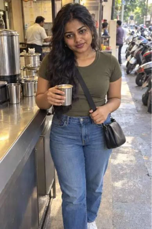 Aadya, 25, call girl in Chembur, Mumbai: at a Chembur coffee counter in an olive tee and jeans with a steel tumbler